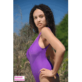 busty model in purple swimsuit
